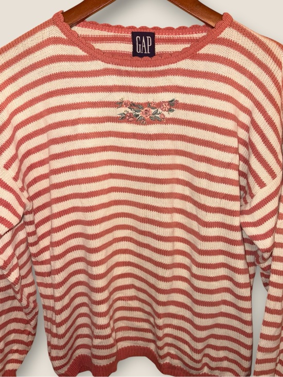 GAP Sweaters - Vintage CottagecoreCream and Coral Striped Cotton Sweater with Floral Embroidery